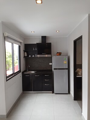 Apartment, Balcony, Park View | Private kitchen | Fridge, microwave, stovetop, cookware/dishes/utensils