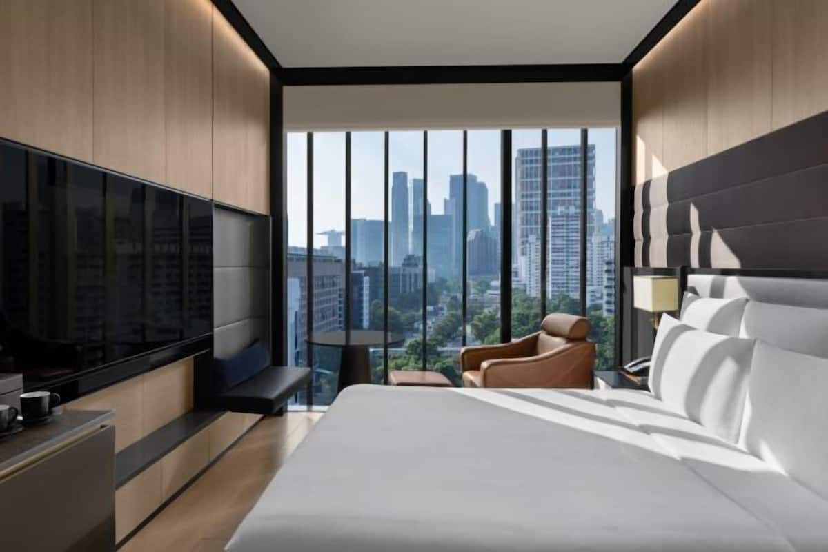 Una habitación de hotel moderna con una cama grande, televisión y vistas a la ciudad.