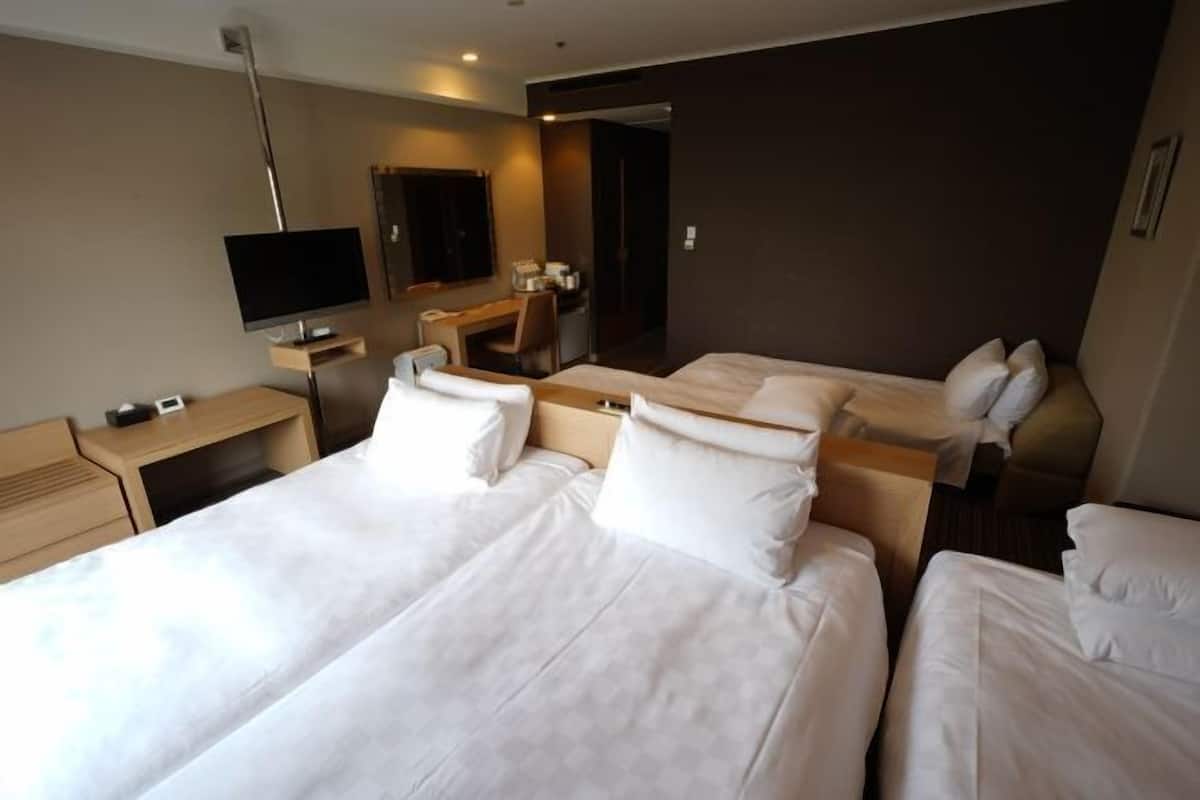 Una habitación de hotel con una cama grande, un escritorio, un televisor y un espejo.