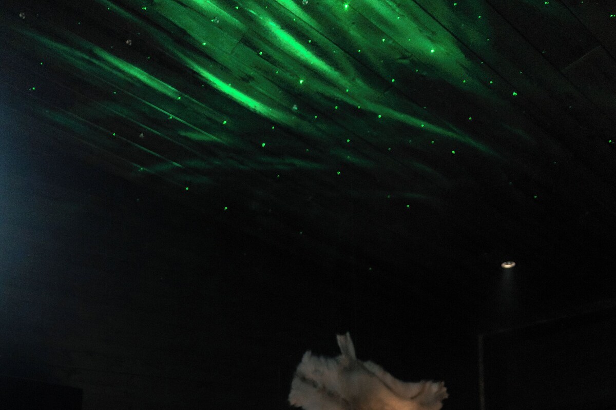 Een stel ligt in bed met een houten hoofdbord en een groene lamp erboven.