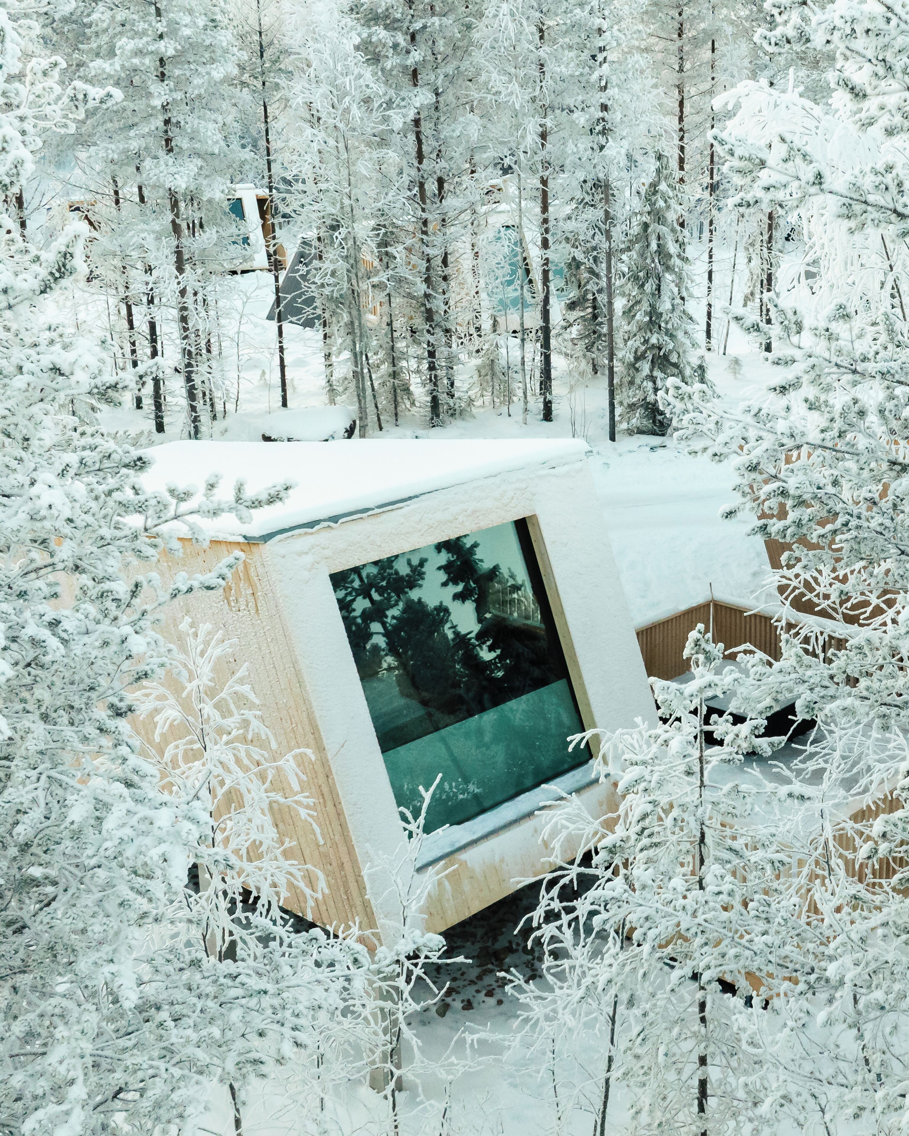 Lumipeitteinen mökki, jossa on suuri ikkuna ja jonka ympärillä on puita.