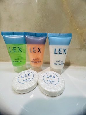 Slippers, towels, soap, shampoo