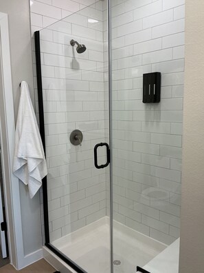 Hair dryer, towels, soap, toilet paper