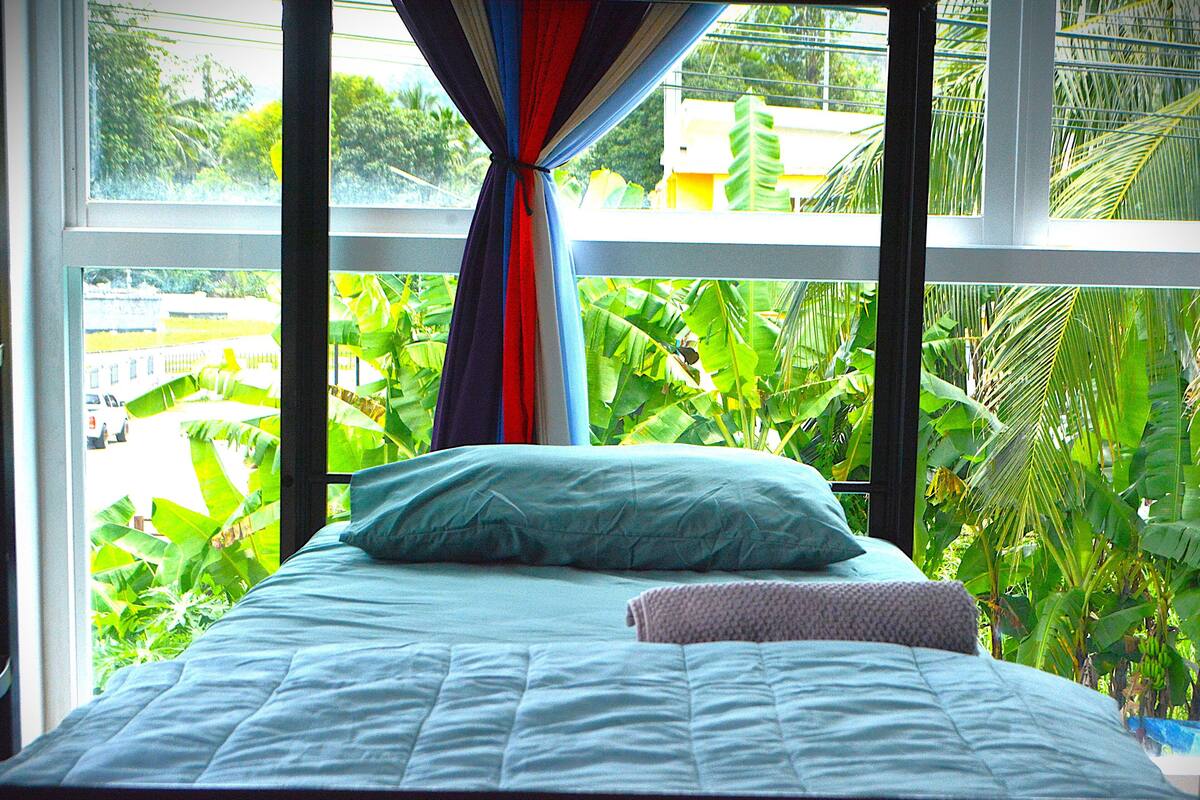 A bed with a blue pillow and a blanket, a window with a curtain, and a view of green foliage outside.