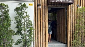 Entrada de bambú a un edificio con el rótulo 'Bamboo House'.