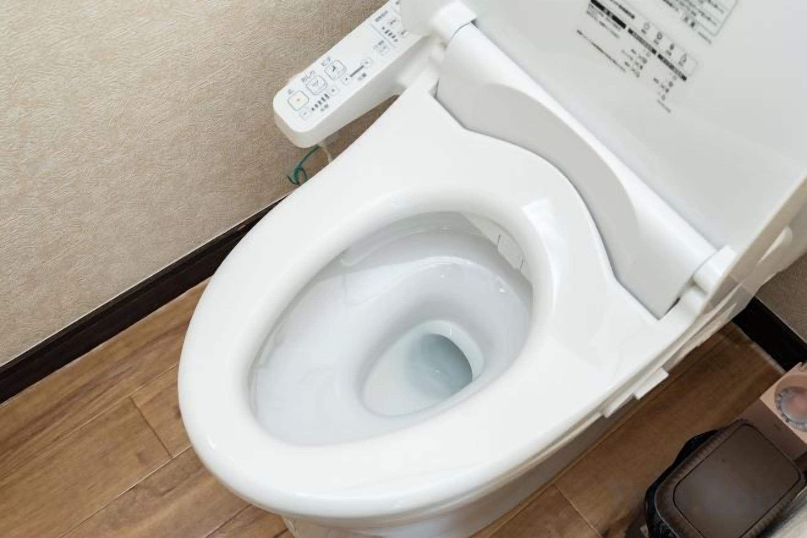 A white toilet with a control panel and a flush button.