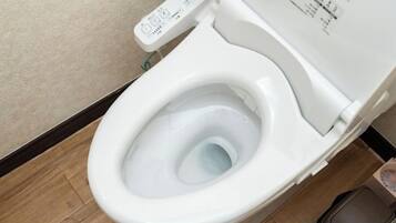A white toilet with a control panel and a flush button.