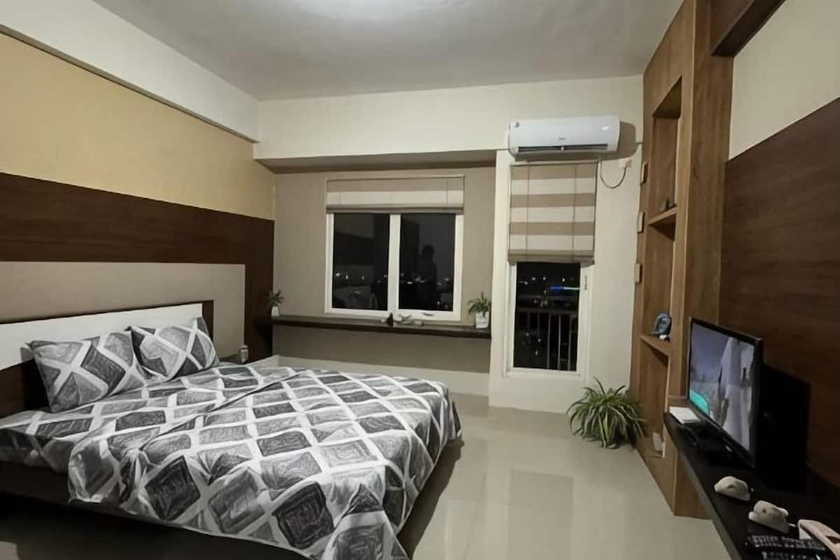 A bedroom with a bed, a TV, a window, and a plant.