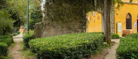 A pathway leading to a yellow building with a stone wall and a tree overhang.