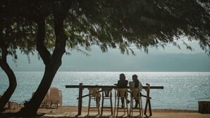 Two people sitting at a wooden table by a beach, overlooking the sea.