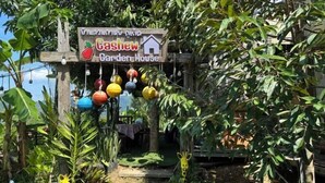 Een tuinhuisentree met een bord waarop staat 'Cashew Garden House'.