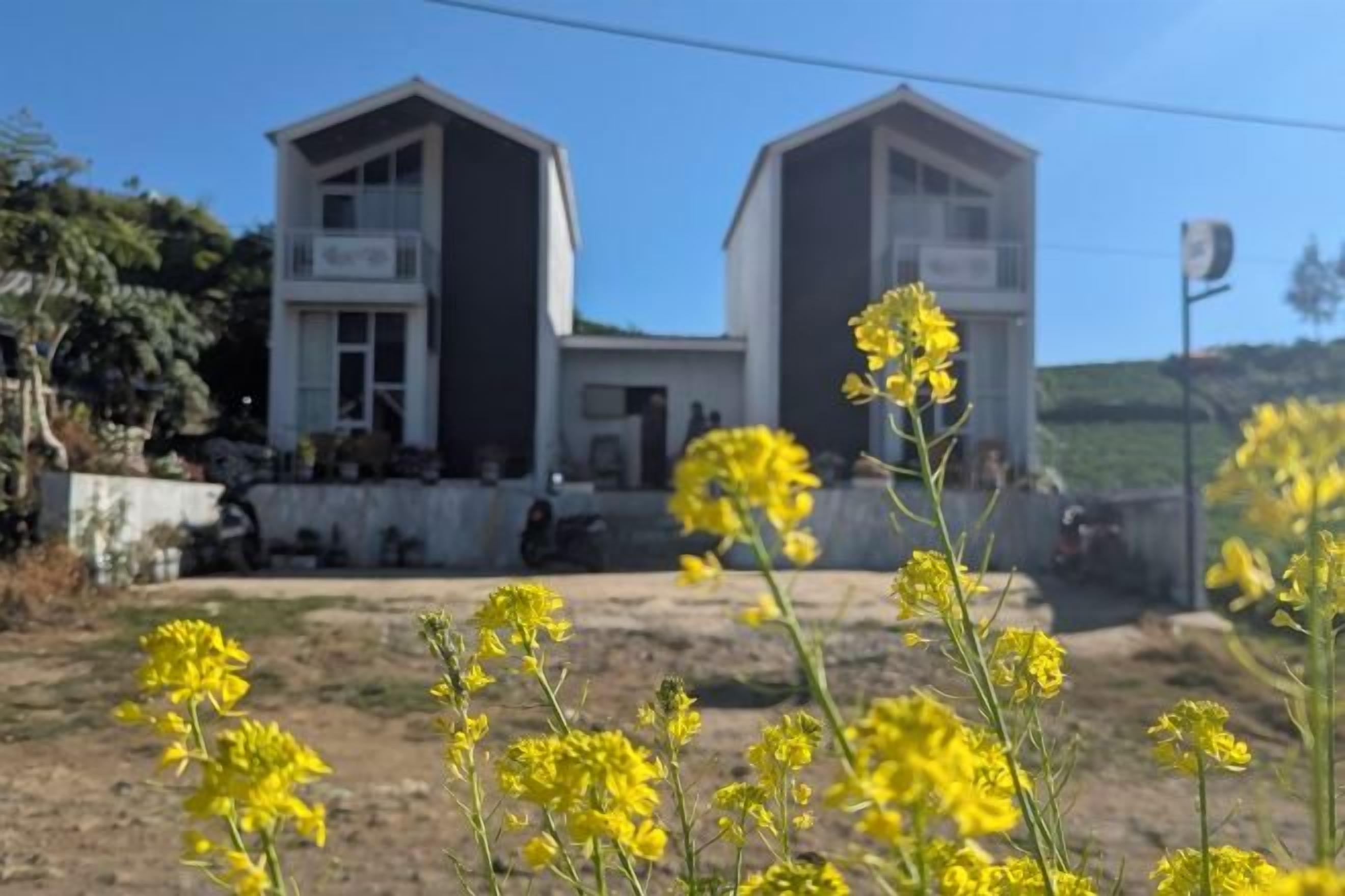 A two-story building with a balcony on the upper floor, surrounded by yellow flowers.