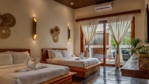 A hotel room with two beds, a large window with curtains, and a view of the outdoors. - Unique space: The Glass House (El Nido)
