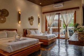 A hotel room with two beds, a large window with curtains, and a view of the outdoors. - Unique space: The Glass House (El Nido)