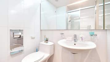 Hair dryer, towels, soap, shampoo