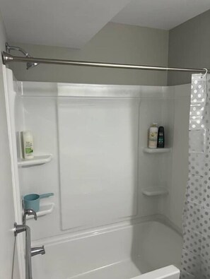 Hair dryer, towels, soap, toilet paper