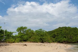 A beach with a sandy shore, dense green vegetation, and a clear sky. - The First Islatel (Alaminos)
