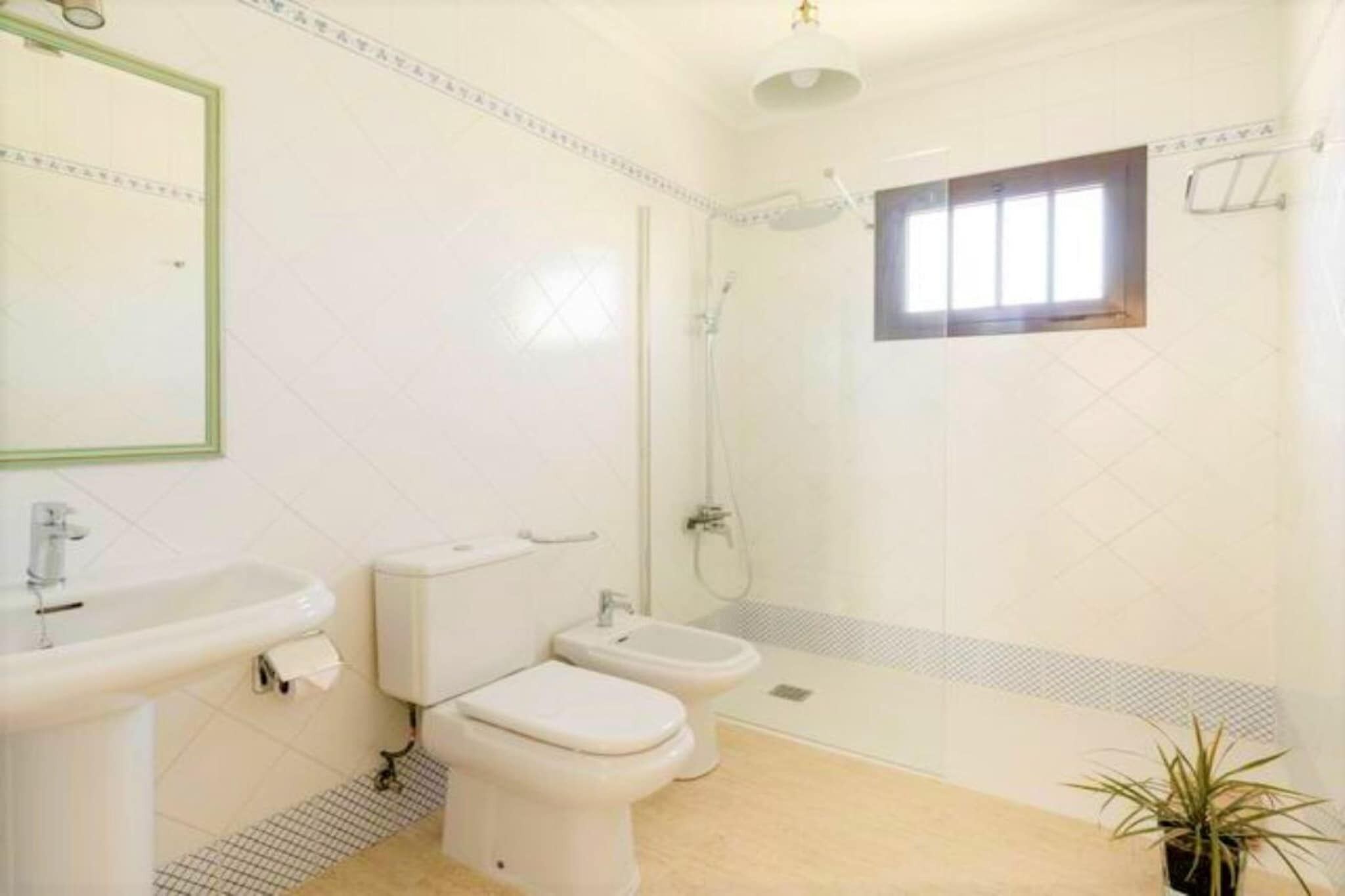 A bathroom with a sink, toilet, bidet, and shower.