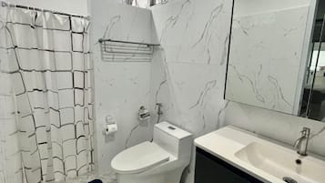 A bathroom with a toilet, sink, and shower area.