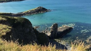 Un paysage côtier caractérisé par des affleurements rocheux et des eaux d’un bleu limpide.