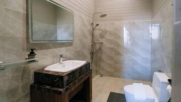 Shower, hair dryer, bathrobes, slippers