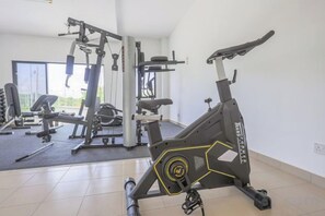 A gym with exercise equipment including a stationary bike, weight machines, and free weights. - 28 RESIDENCE-R13 (Sepang)