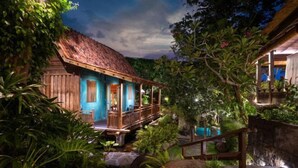 A wooden house with a thatched roof, surrounded by lush greenery and a small pool. - Villa Kapungkur (Bali)