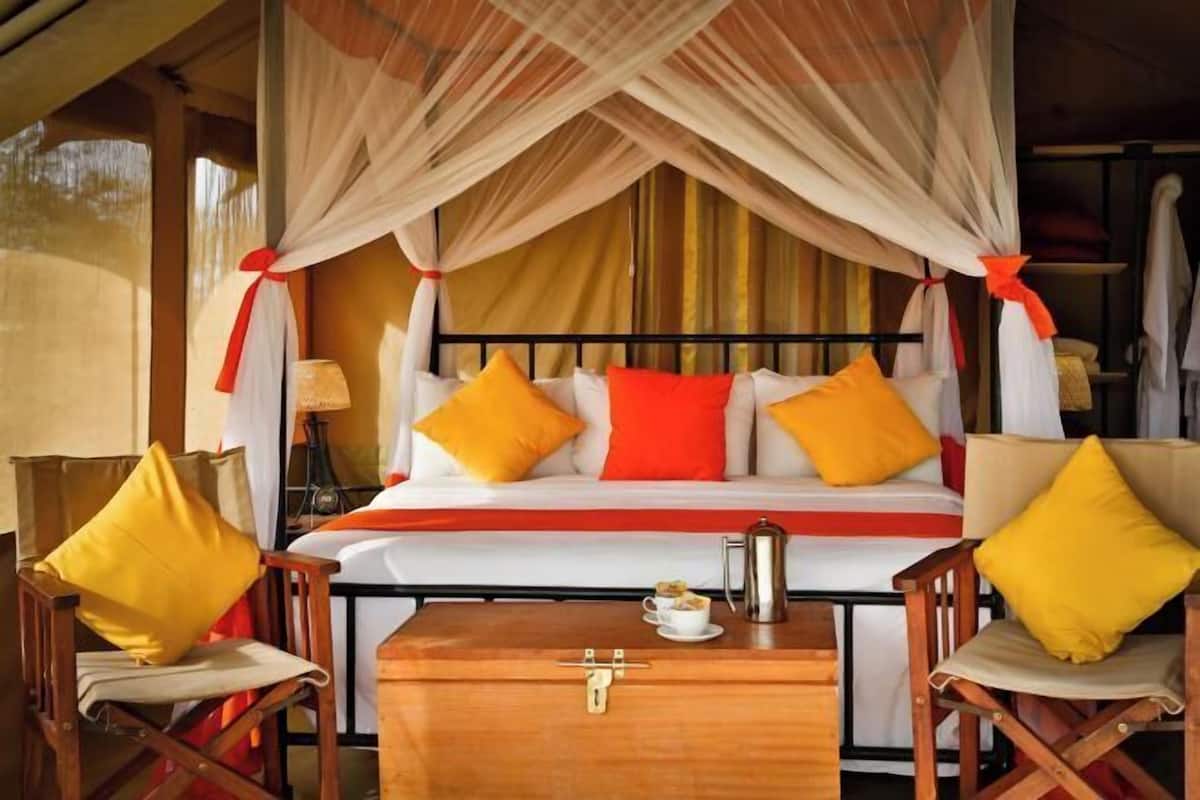 A bed with a canopy, two armchairs, a bedside table with a coffee pot, and a suitcase.