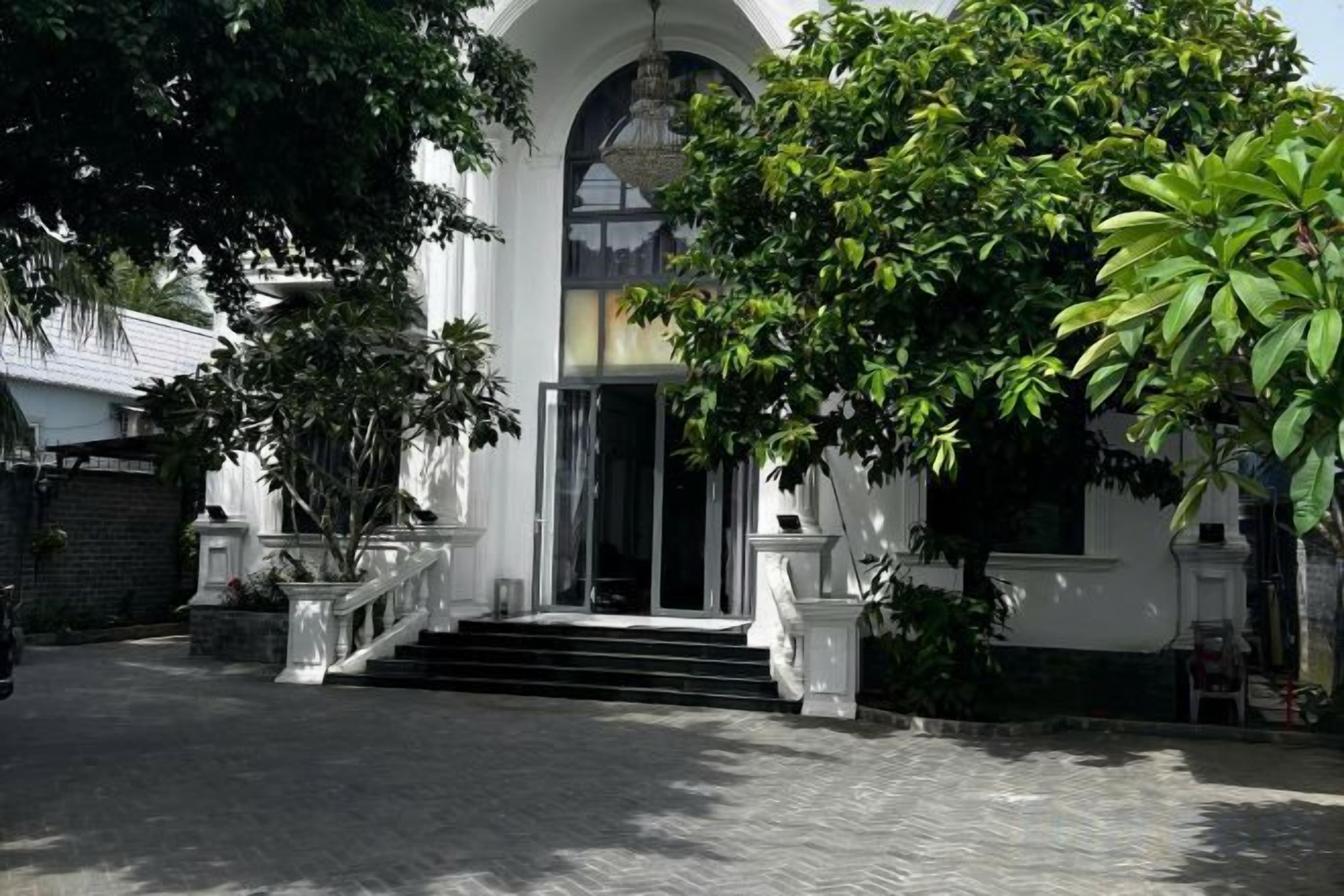 Un edificio con una entrada imponente, escalones que conducen a una puerta y un gran árbol en primer plano.
