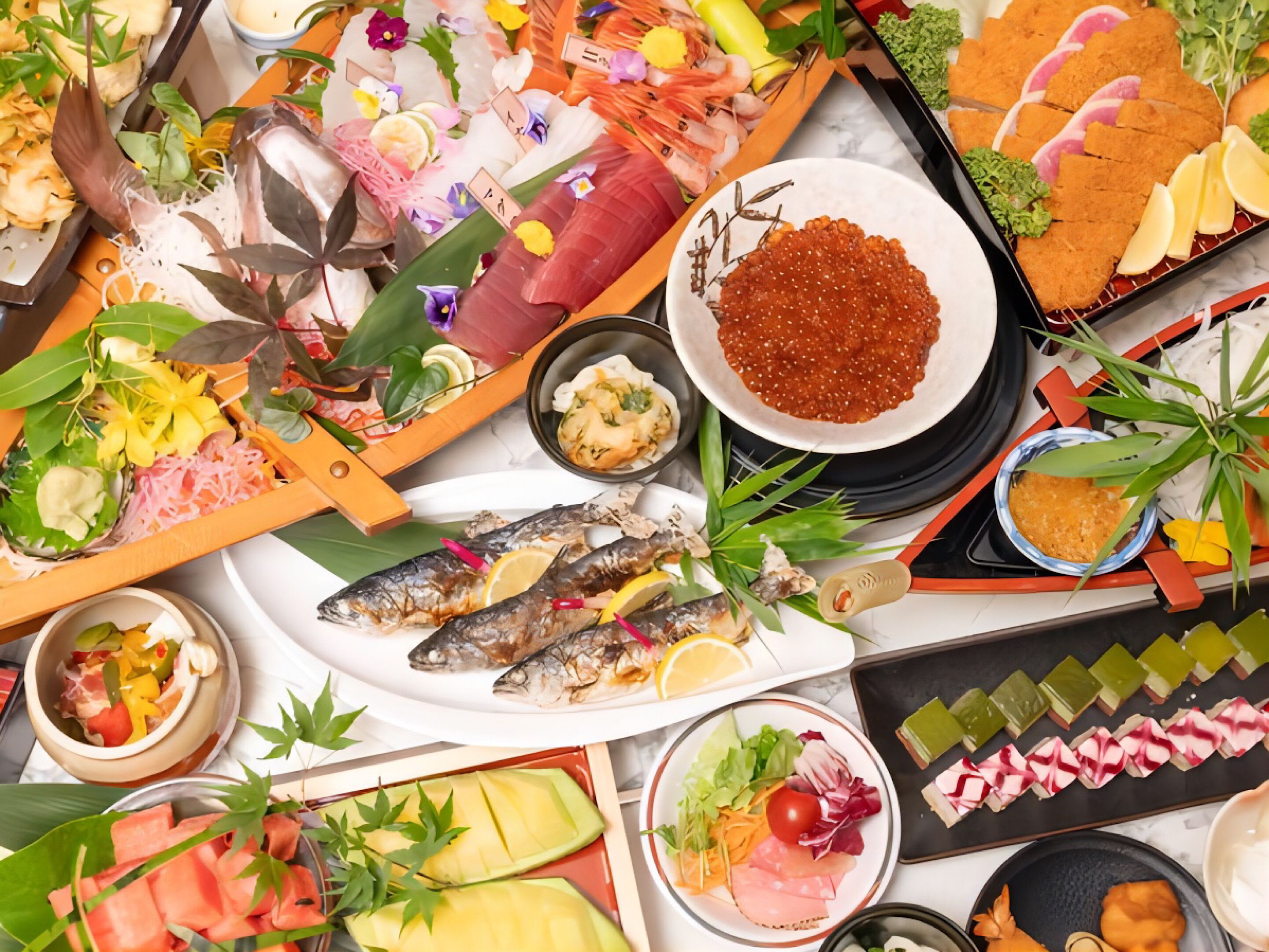 A variety of seafood dishes, including fish, shrimp, and caviar, arranged on a table.