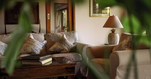Villa de lujo, balcón, vista al jardín | Área de sala de estar | Televisión de pantalla plana, reproductor de DVD, juguetes y impresora 