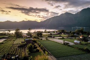 A rural landscape with fields, houses, and a body of water. - Tegal Bamboo Cottages & Private Hot Spring (Bali)