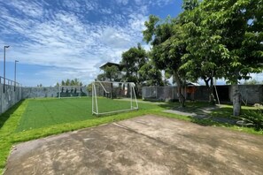 Un espace extérieur clôturé, doté d’une surface en béton, d’un but de football et de quelques arbres.