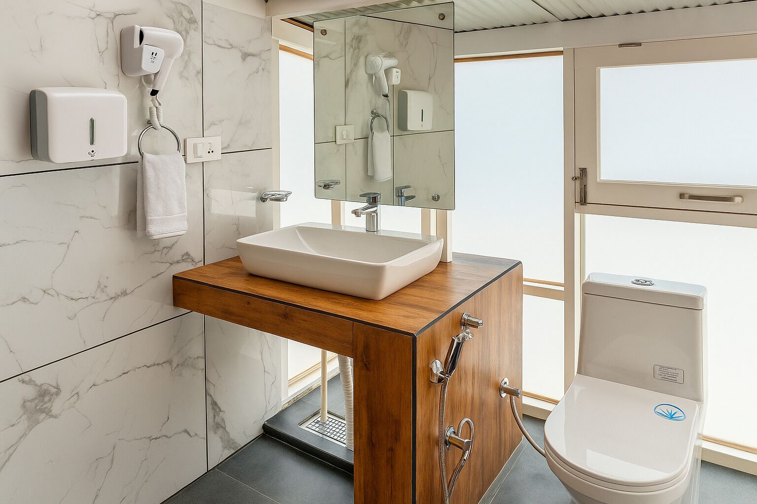 Hair dryer, towels, soap, toilet paper