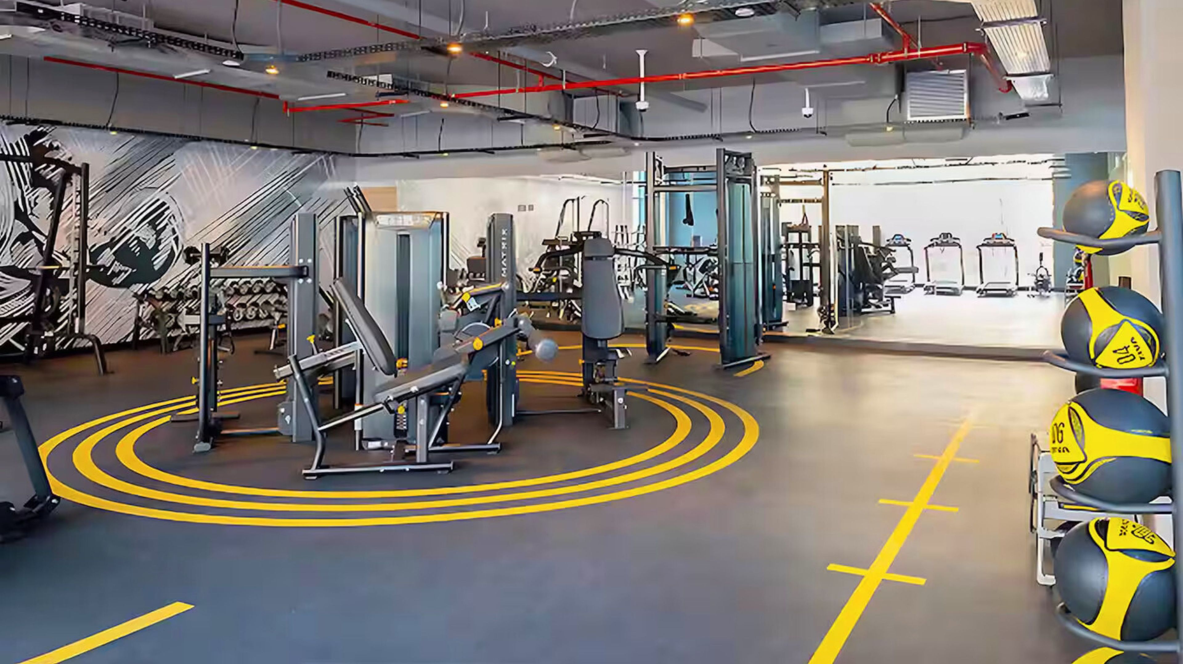 A gym with various exercise equipment, including weight machines and free weights.