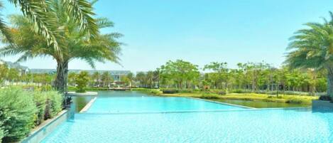 A swimming pool with a clear blue water surface, surrounded by palm trees and greenery.