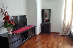 Une pièce dotée d’un téléviseur à écran plat posé sur un meuble noir, d’un miroir et d’un plancher en bois.