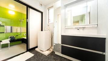 A modern bathroom with a shower, a toilet, a sink, and a mirror.