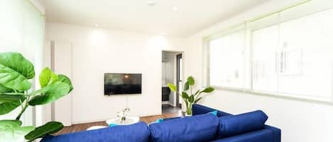 A modern living room with a blue sofa, a flat-screen TV, and large windows.