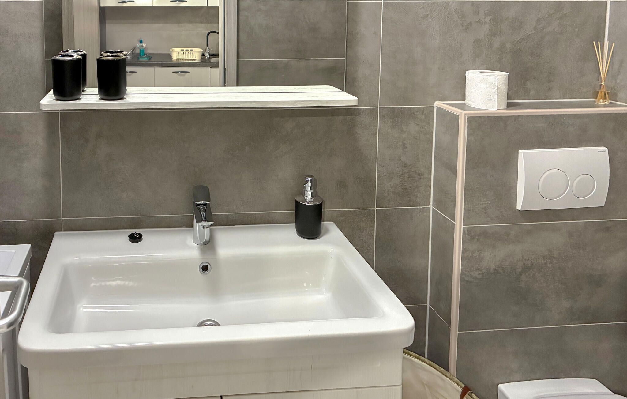 A bathroom with a white sink, a mirror, and a towel rack. There is a shelf with toiletries and a tissue box.