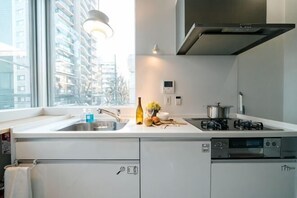 A modern kitchen with a window, stainless steel appliances, and a view of buildings outside.