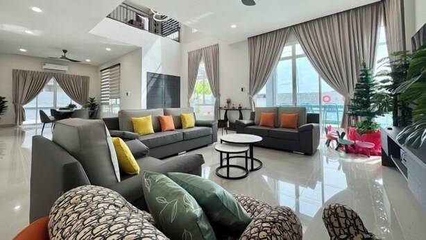 A modern living room with a sofa set, a coffee table, and a dining area. - Private Pool Retreat, 6BR Langkawi Villa by Zervin (Langkawi)
