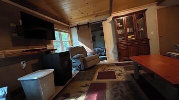 Smart-tv, eldstad, dvd-spelare och böcker