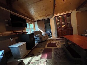 Smart TV, fireplace, DVD player, books