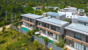 A modern residential area with contemporary houses featuring large windows and flat roofs, surrounded by lush greenery and mountains in the background. - Long One A5 (Phuket)