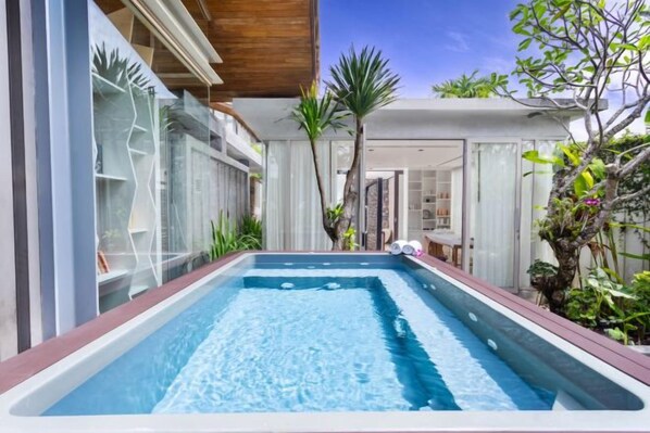A swimming pool with a wooden deck, surrounded by glass walls and plants.