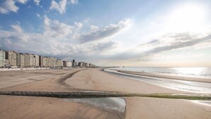 Une vaste plage de sable bordée d’une rangée de bâtiments le long du rivage.