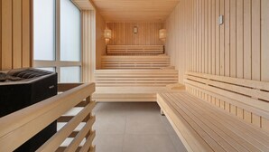 A sauna with wooden benches and a sauna table. - Gorgeous apartment in OstseeResort Olpenitz (OstseeResort Olpenitz)