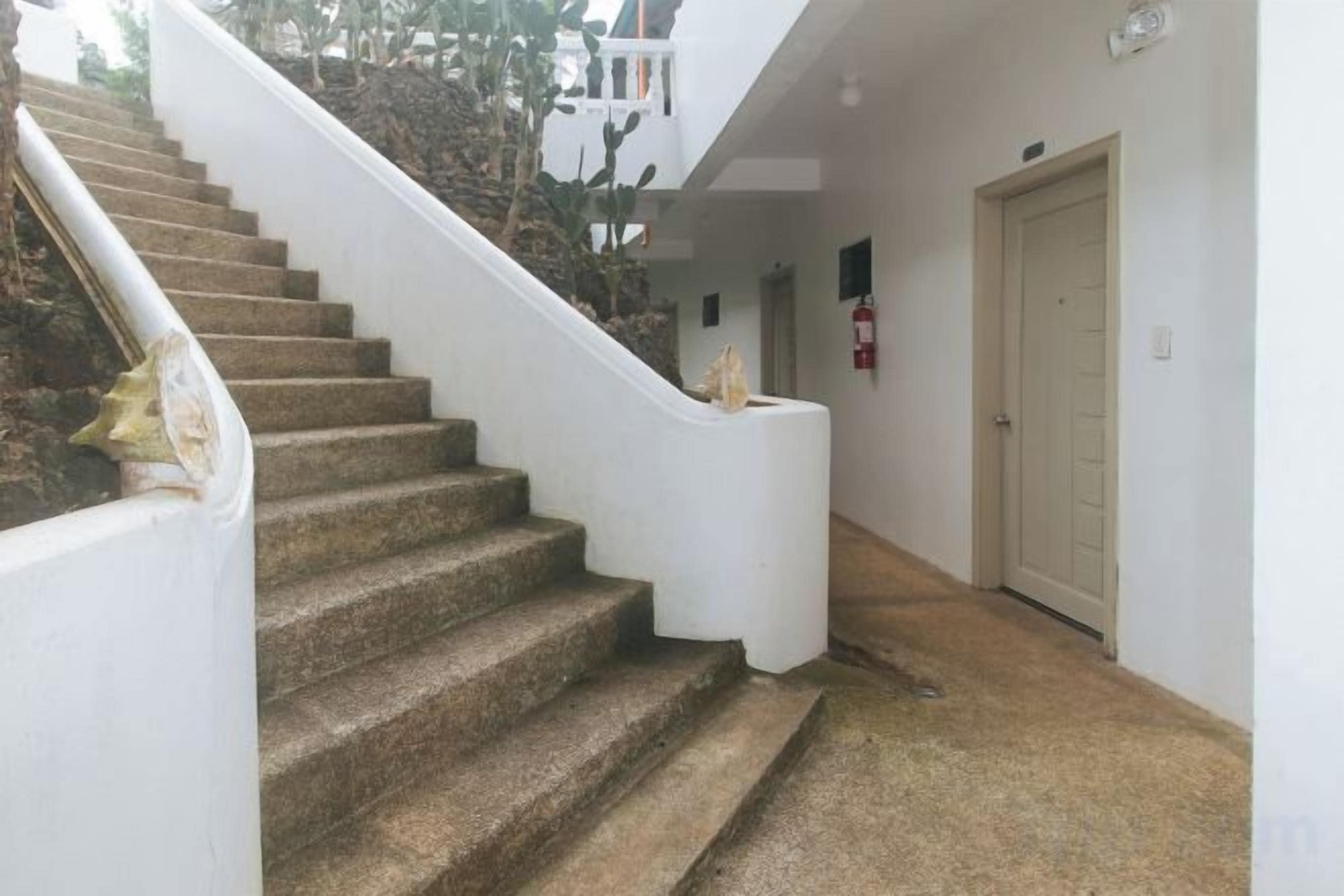 A staircase with white walls and a beige carpet leading to a door.
