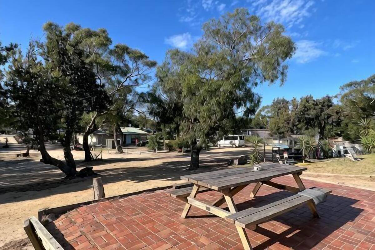 Un área de picnic con una mesa y bancos de madera, rodeada de árboles y un patio de ladrillo.